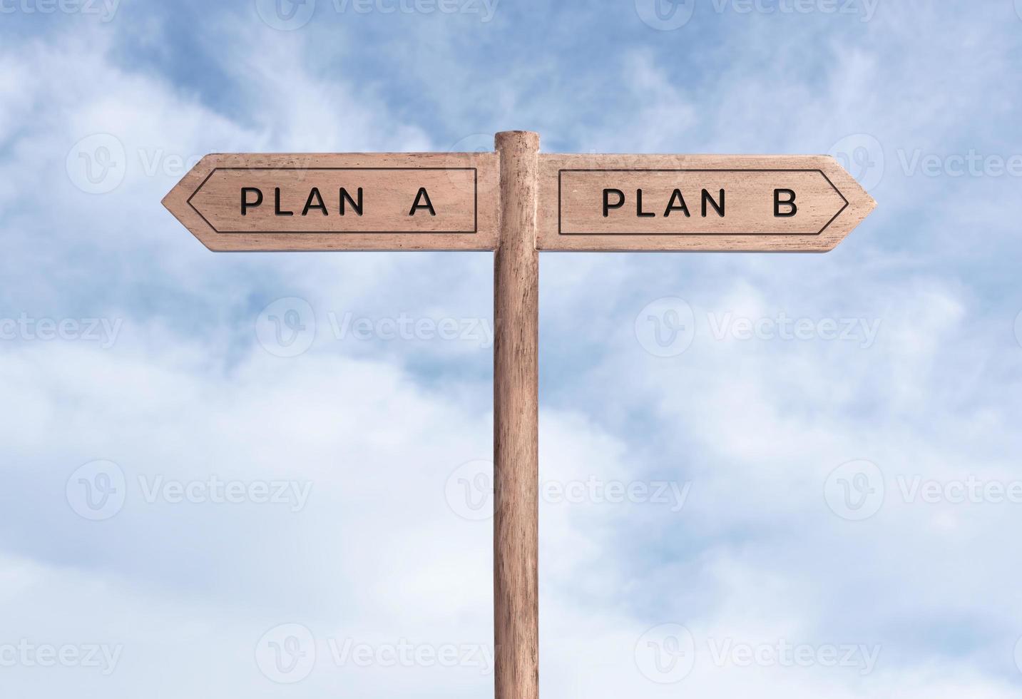 Plan A or plan B concept. Signpost with two messages on opposite way and sky background photo