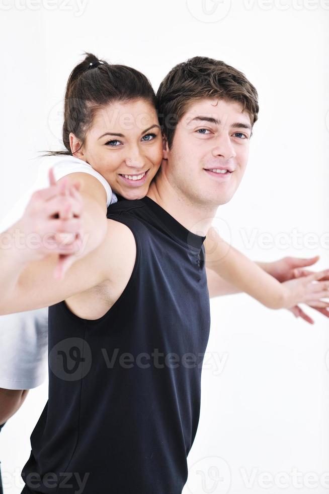 happy young couple fitness workout and fun photo