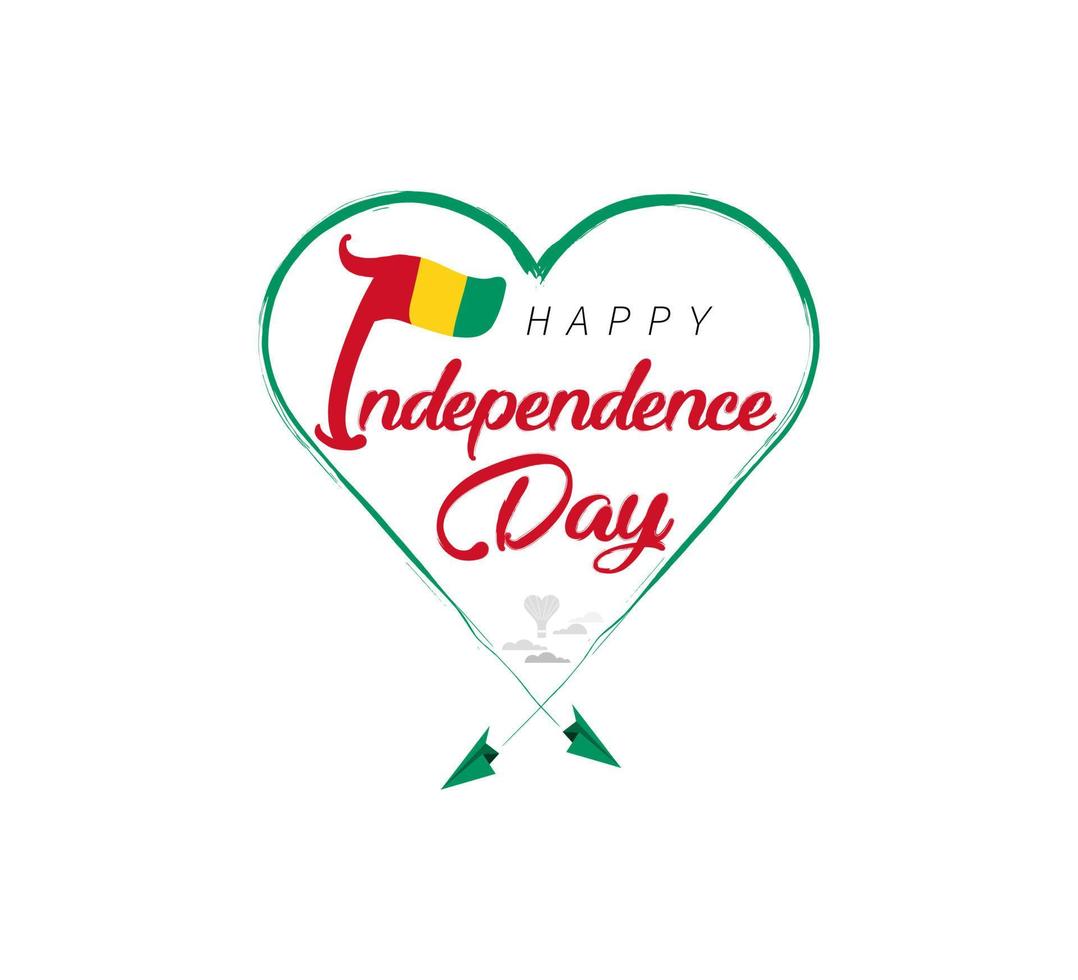 happy independence day of Guinea. Airplane draws cloud from heart. National flag vector illustration on white background.