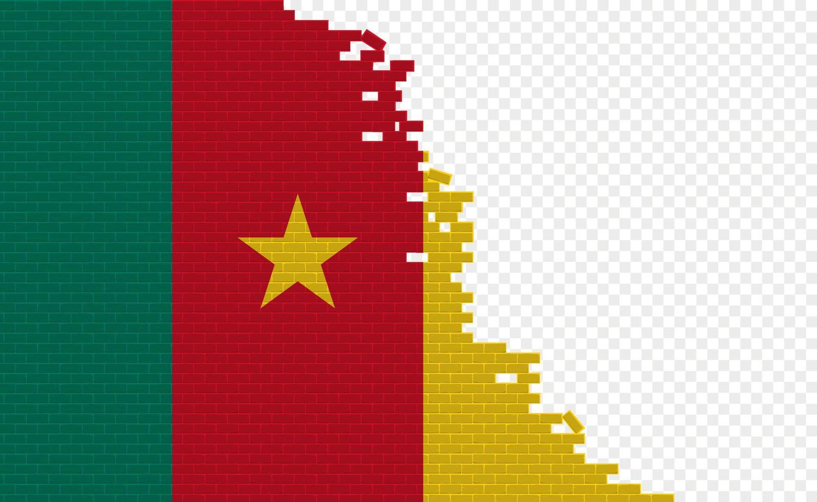 Cameroon flag on broken brick wall. Empty flag field of another country. Country comparison. Easy editing and vector in groups.