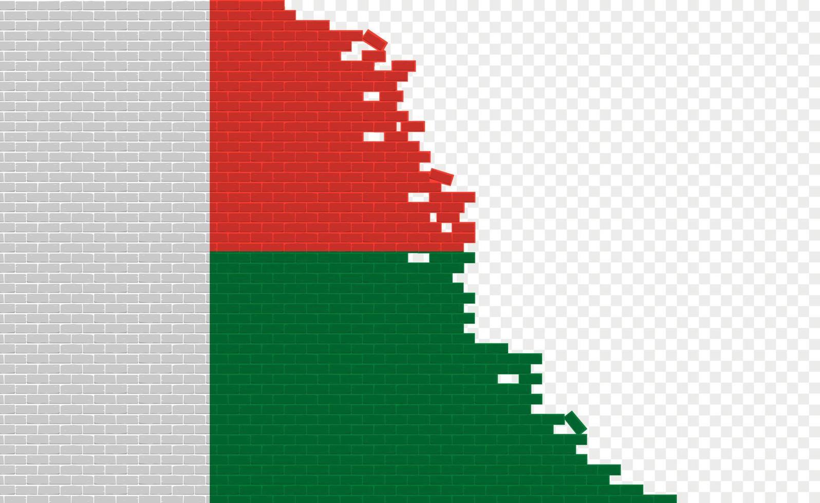 Madagascar flag on broken brick wall. Empty flag field of another country. Country comparison. Easy editing and vector in groups.