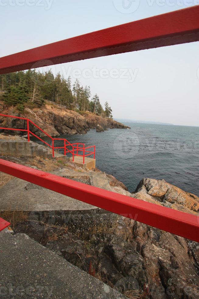 A rocky coastline as seen through a red metal fence. photo