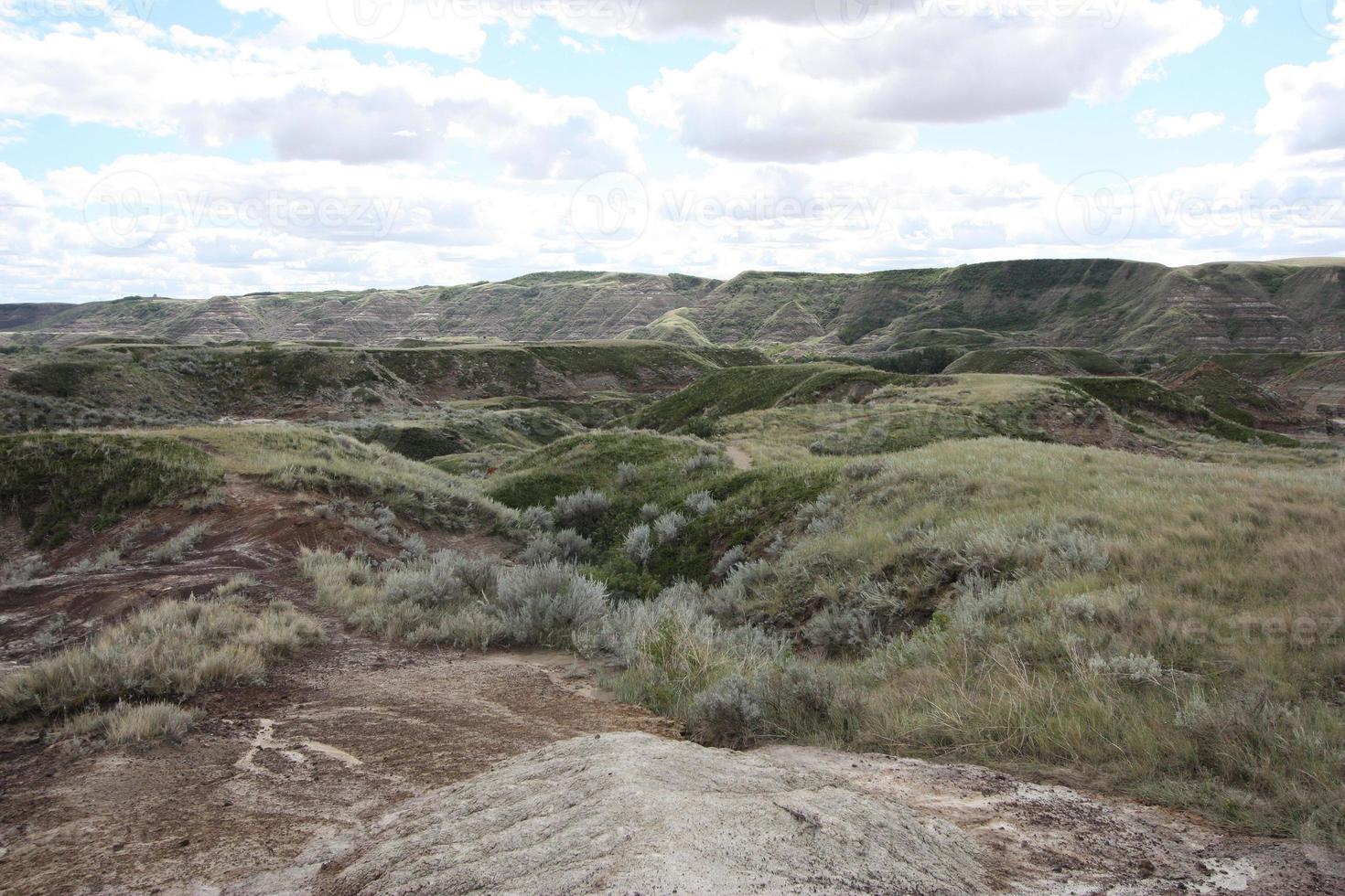 A landscape of badlands, desert, and cliffs. photo