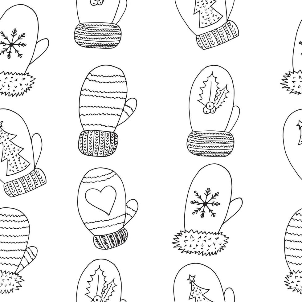 mittens seamless pattern. hand drawn doodle icon. , scandinavian, nordic, minimalism, monochrome. winter clothes, warm knitted textile wrapping paper background vector