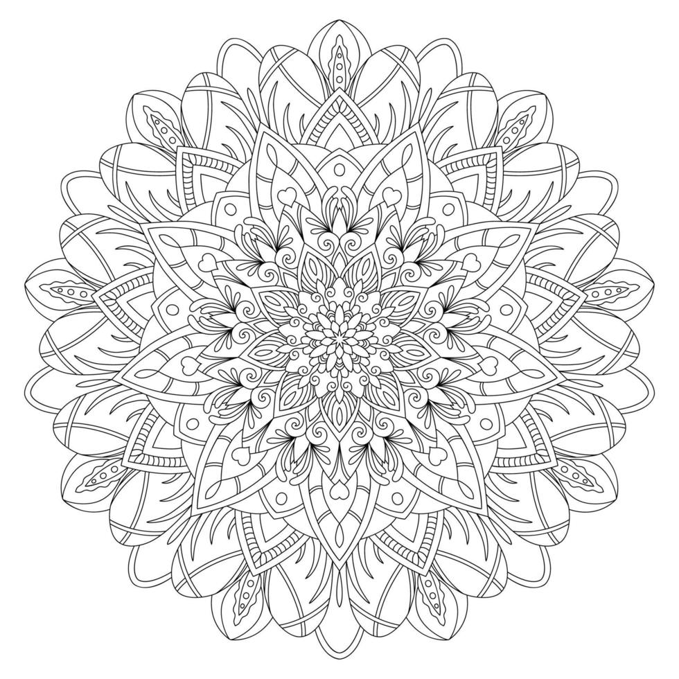Vector mandala drawing with black lines on a white background.