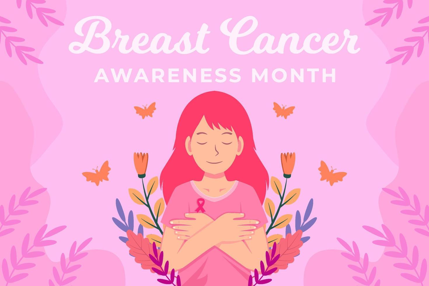 breast cancer awareness month illustration background with women, plants, and butterfly vector