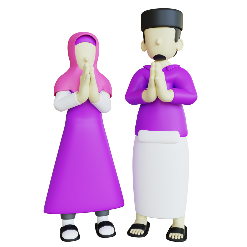 estilizado personaje de pareja musulmana en 3d haciendo gesto de salam png