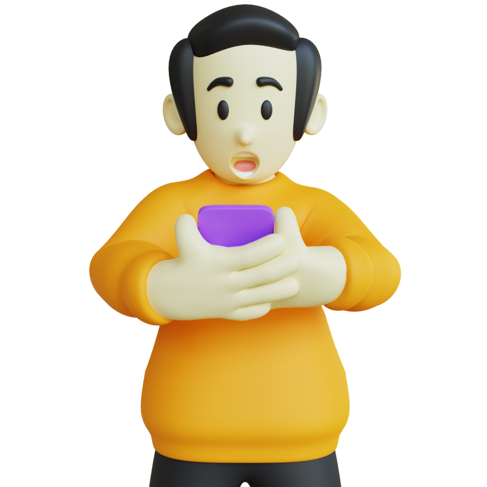 personaje estilizado en 3d con expresión de asombro mirando su teléfono png