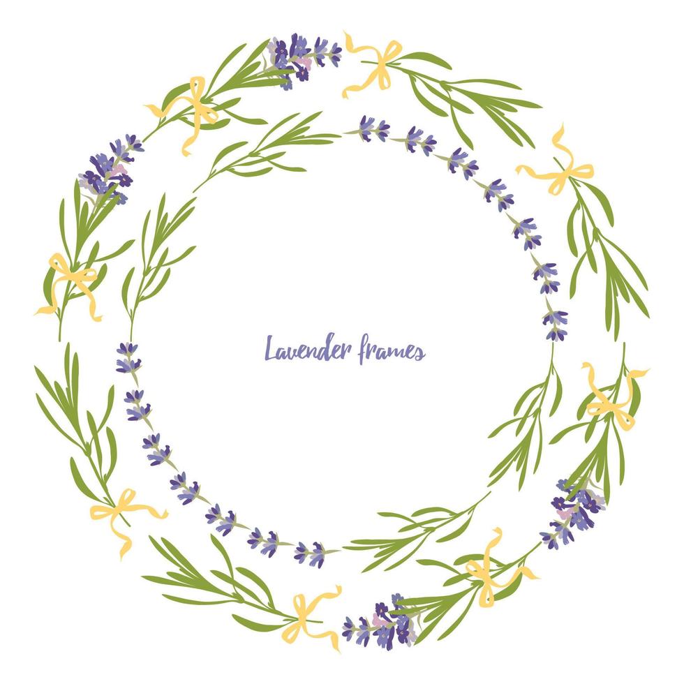 Set violet Lavender beautiful floral frames template in flat watercolor style isolated on white background for decorative design, wedding card, invitation, travel flayer. Botanical illustration vector