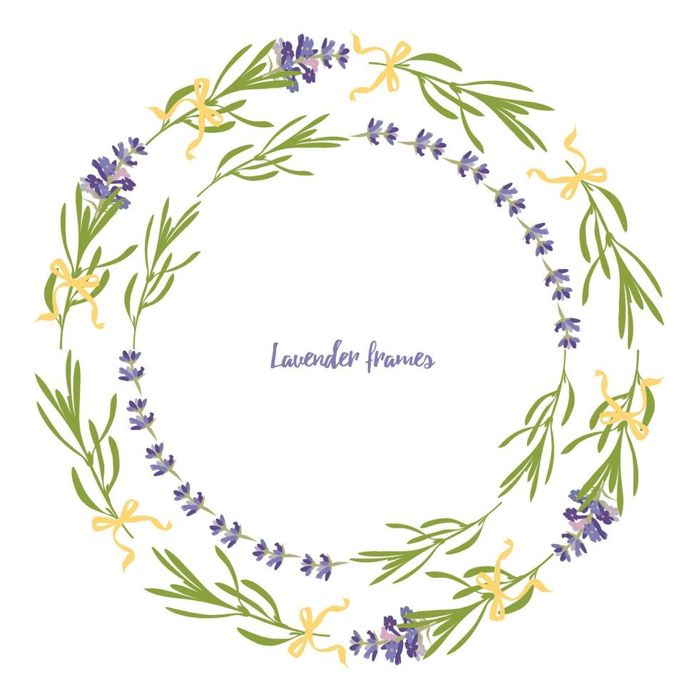 establezca la plantilla de hermosos marcos florales de lavanda violeta en estilo acuarela plana aislado en fondo blanco para diseño decorativo, tarjeta de boda, invitación, capa de viaje. ilustración botánica vector