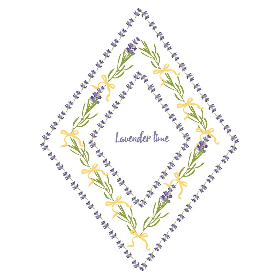 establezca la plantilla de hermosos marcos florales de lavanda violeta en estilo acuarela plana aislado en fondo blanco para diseño decorativo, tarjeta de boda, invitación, capa de viaje. ilustración botánica vector