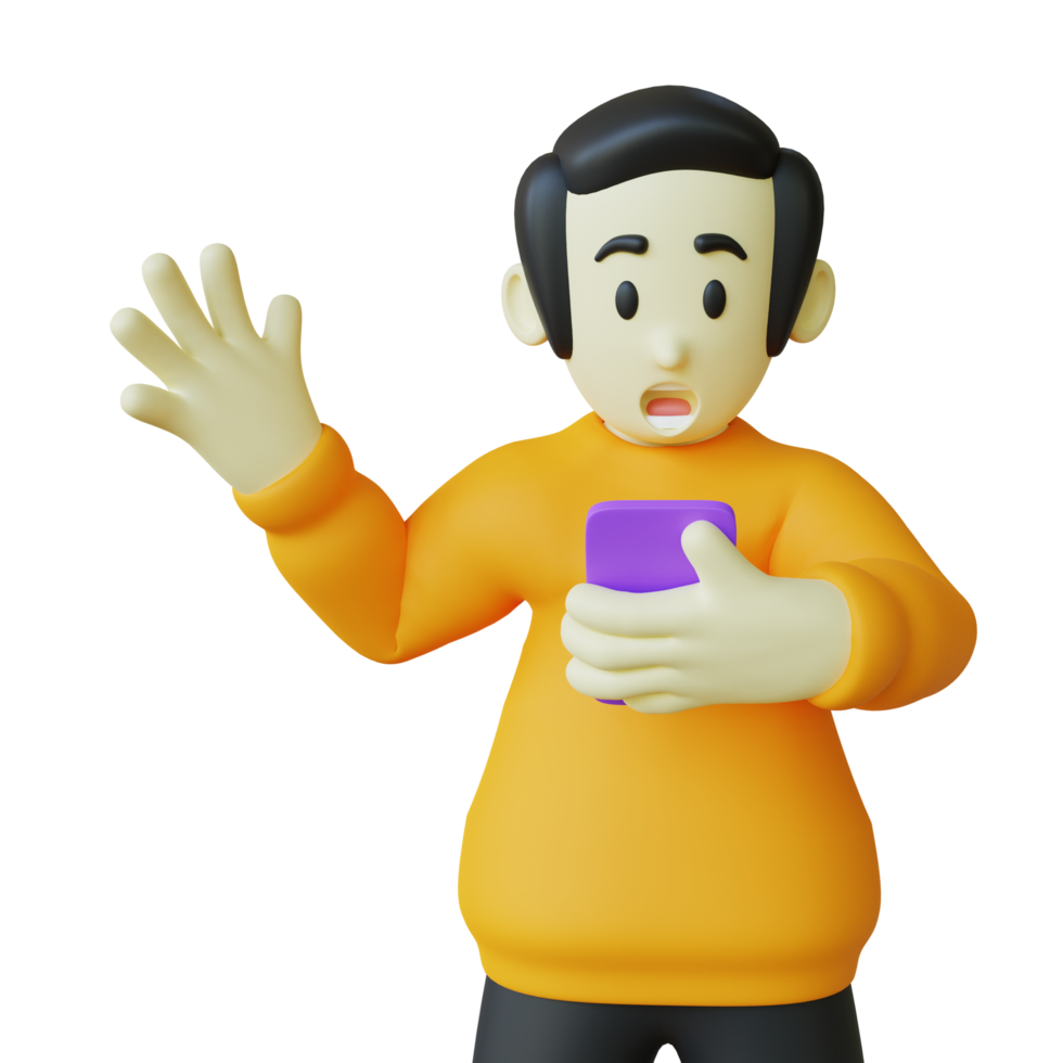 personaje estilizado en 3d sorprendido por su teléfono png