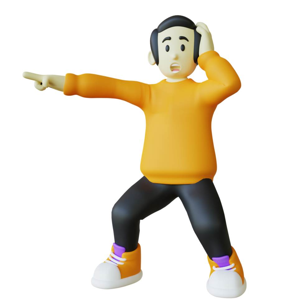 homme 3d stylisé choqué et pointant vers la gauche png