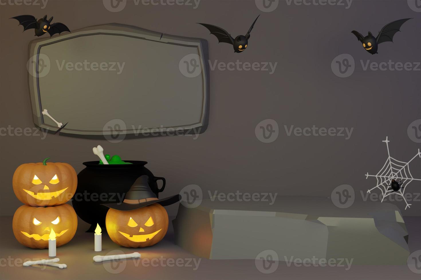 display product podium for social media post, helloween day celebration theme concept with monster pumpkin, bat, spider web, cauldron and witch hat photo