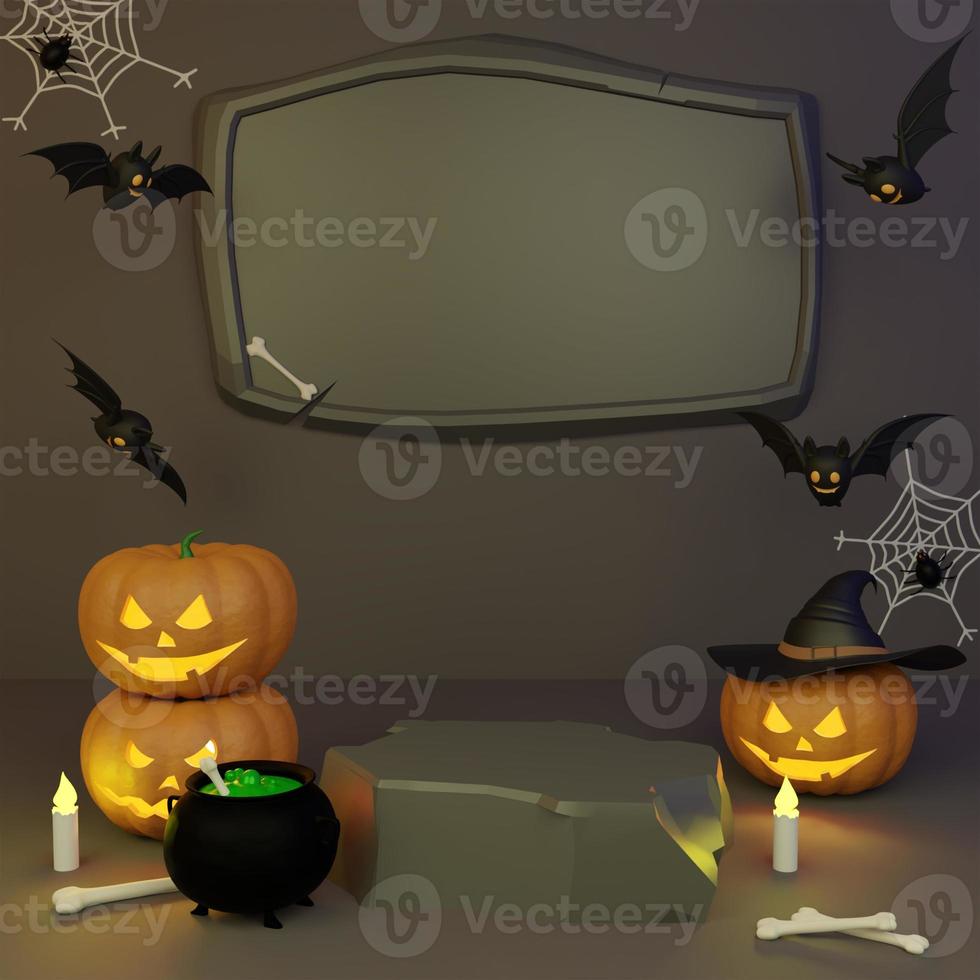 display product podium for social media post, helloween day celebration theme concept with monster pumpkin, bat, spider web, cauldron and witch hat photo