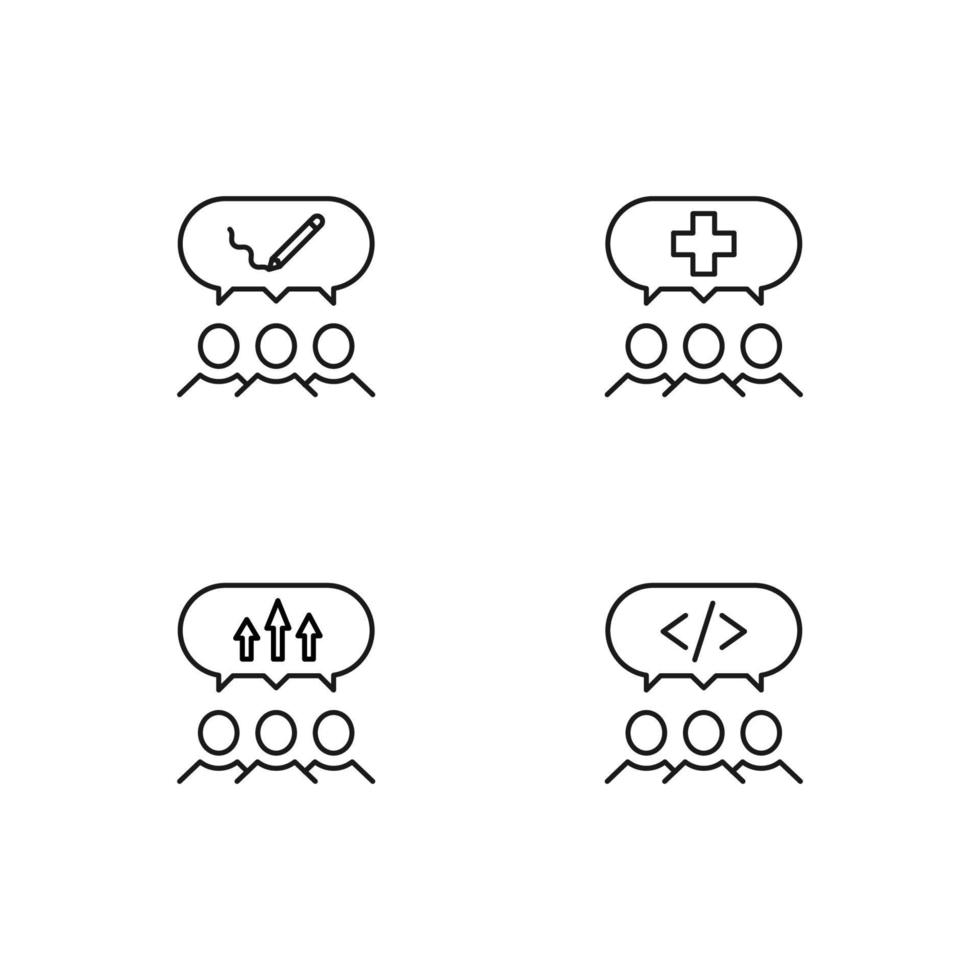 Monochrome elements perfect for adverts, stores, design etc. Editable stroke. Vector line icon set with symbols of pencil, cross, arrow, coding inside of speech bubble by users