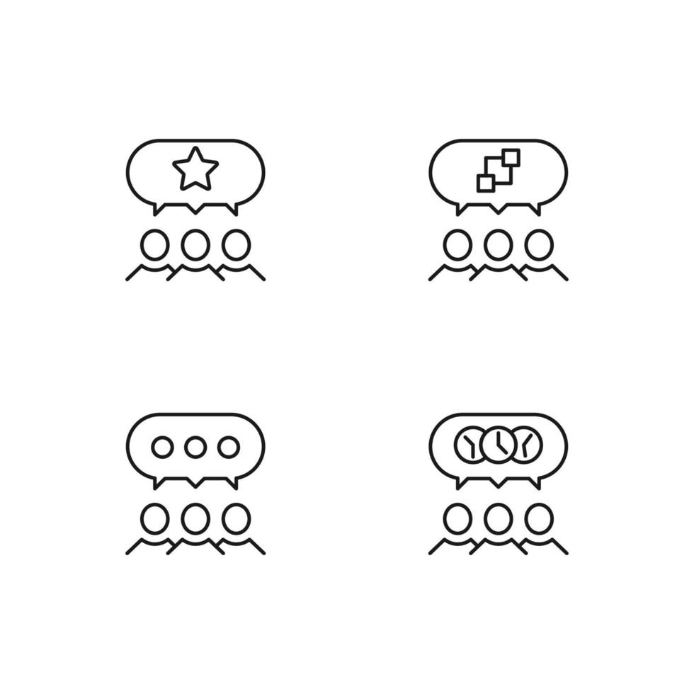 Monochrome elements perfect for adverts, stores, design etc. Editable stroke. Vector line icon set with symbols of stars, cubes, dots, clocks inside of speech bubble by users