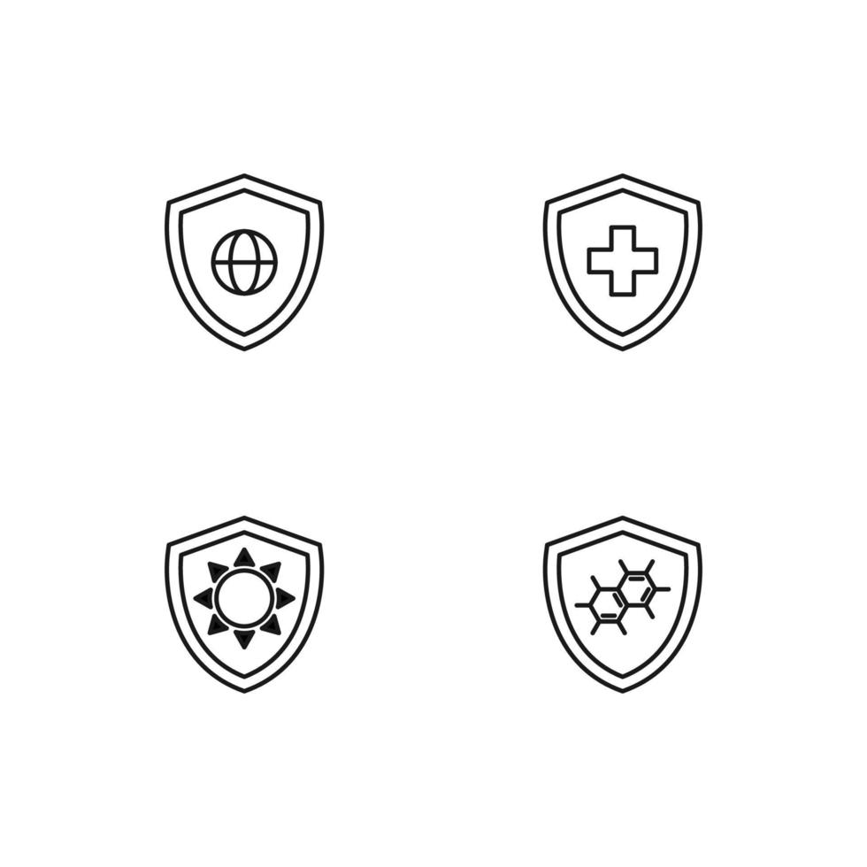 Monochrome elements perfect for adverts, stores, design etc. Editable stroke. Vector line icon set with symbols of globe, medical cross, sun, chemical compound inside of shield