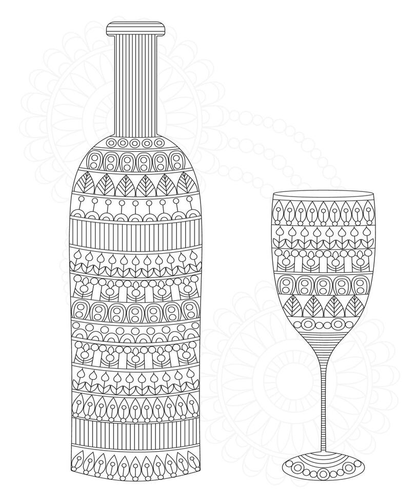 mandala botella de champagne para colorear y adultos vector