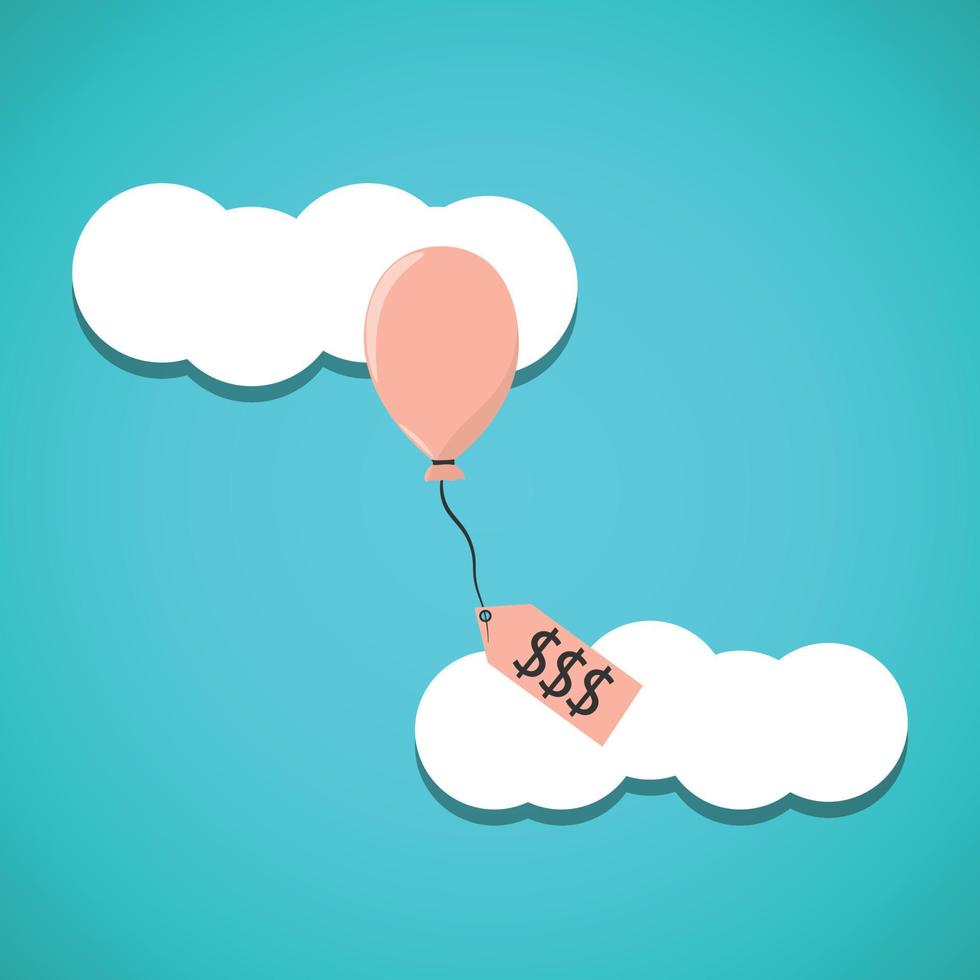 Inflation causing price rising up, overvalued stock or funds, consumer purchasing power reducing concept, air balloon tied with product price tag flying high rising up in sky. vector