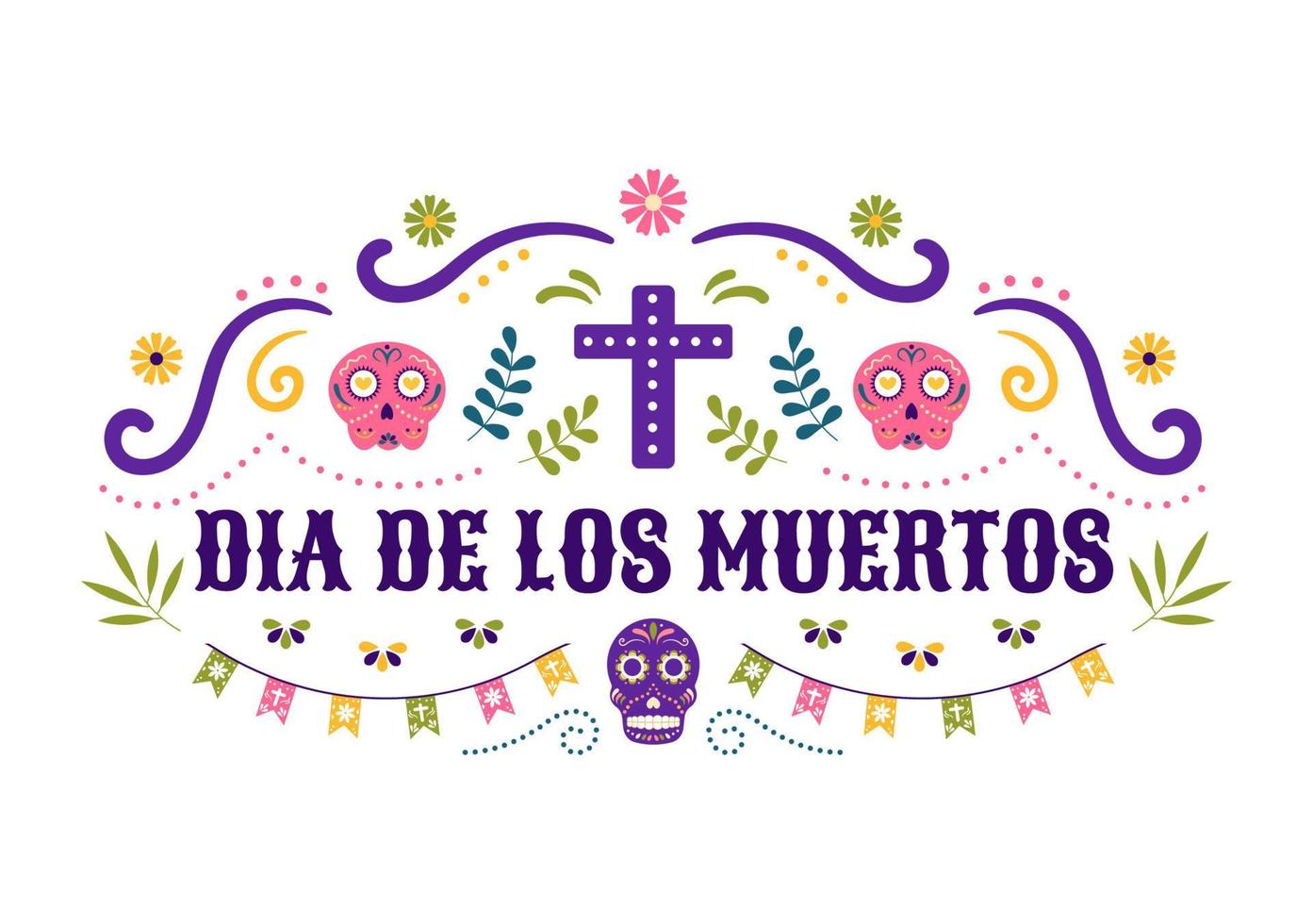 dia de los muertos o plantilla del día de los muertos dibujado a mano dibujos animados ilustración plana festival festivo mexicano con calaveras tatuadas, maracas y sombrero vector