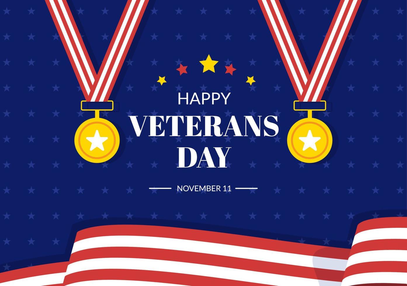 día de los veteranos el 11 de noviembre plantilla dibujada a mano ilustración plana de dibujos animados con bandera de estados unidos y ejército para honrar a todos los que sirvieron vector