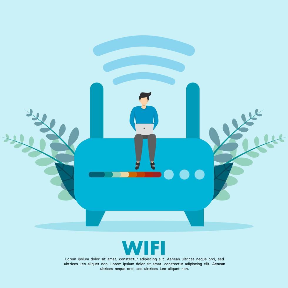 Wi-Fi concept illustration. wireless area, free wifi, person using wifi for his laptop. Can be used for, landing page, template, ui, web, mobile app, banner vector