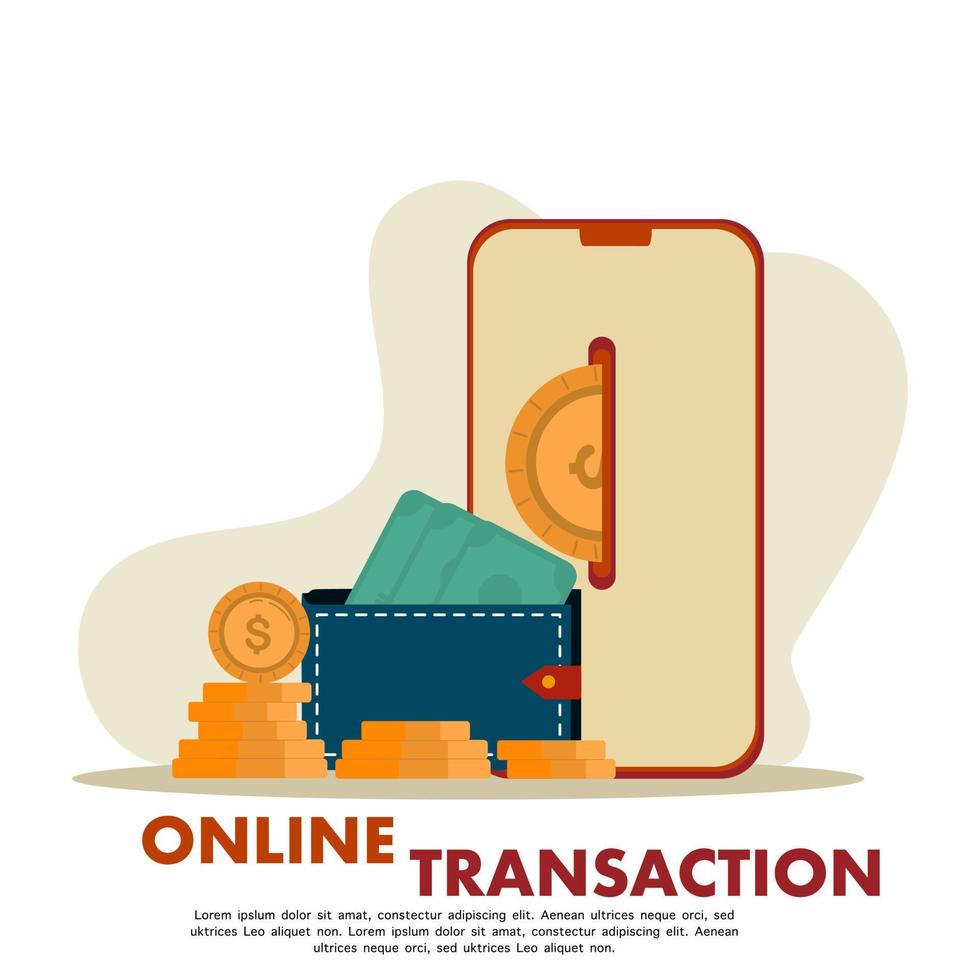 online payment transaction concept. Internet payment, money transfer protection, online bank. Screen gadgets, dollar bills and coins, wallets, checks. Use for banners, mobile apps, landing pages. vector