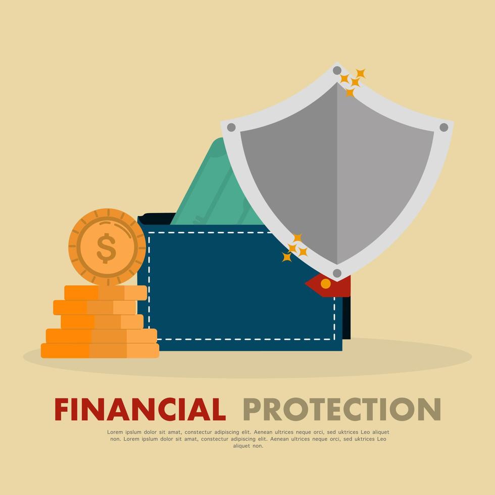 concepto de protección del dinero. inversión segura y protegida, seguros. ilustración vectorial de estilo de diseño plano. escudo para proteger monedas de oro, ahorros. vector