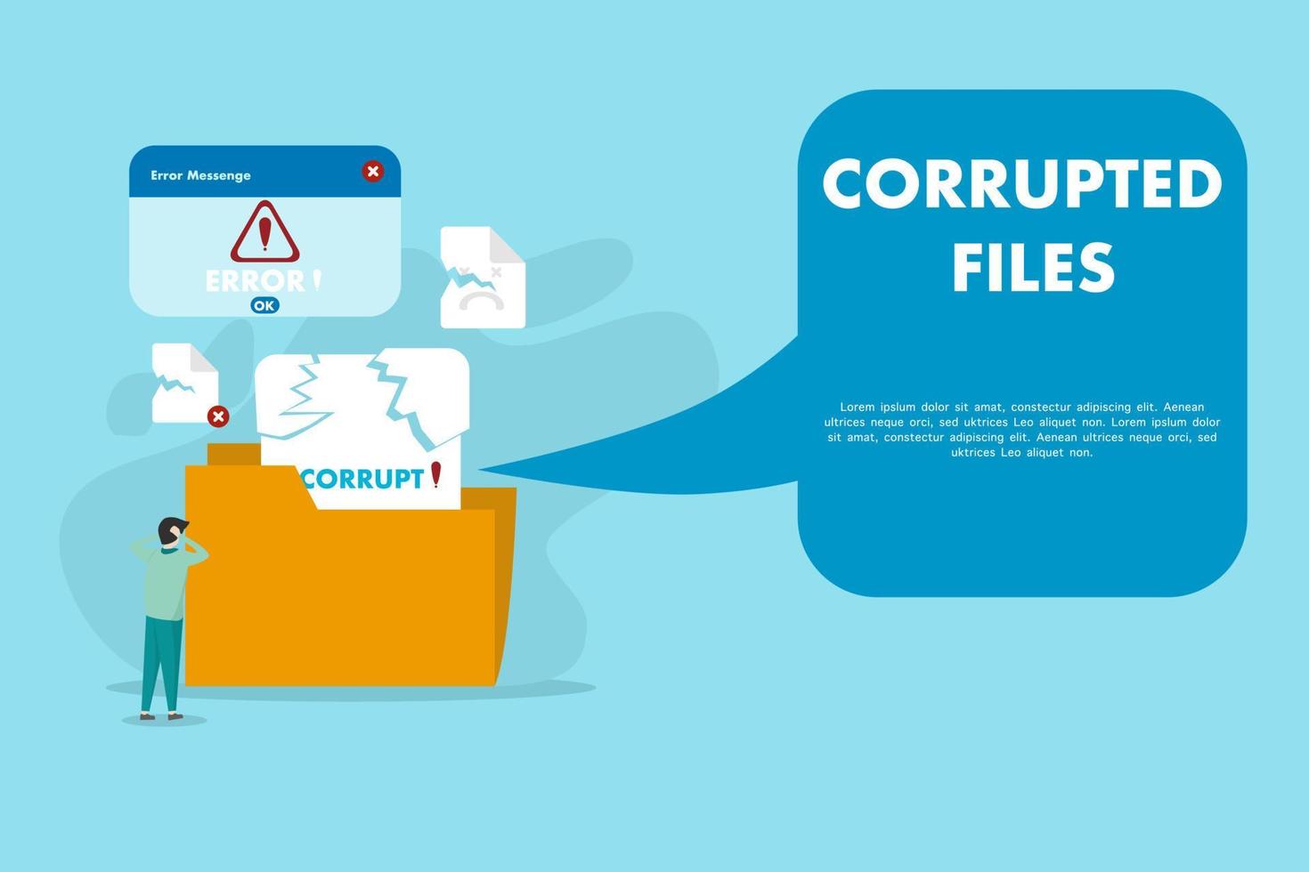 corrupted file concept, corrupted file illustration in front of frustrated people because the