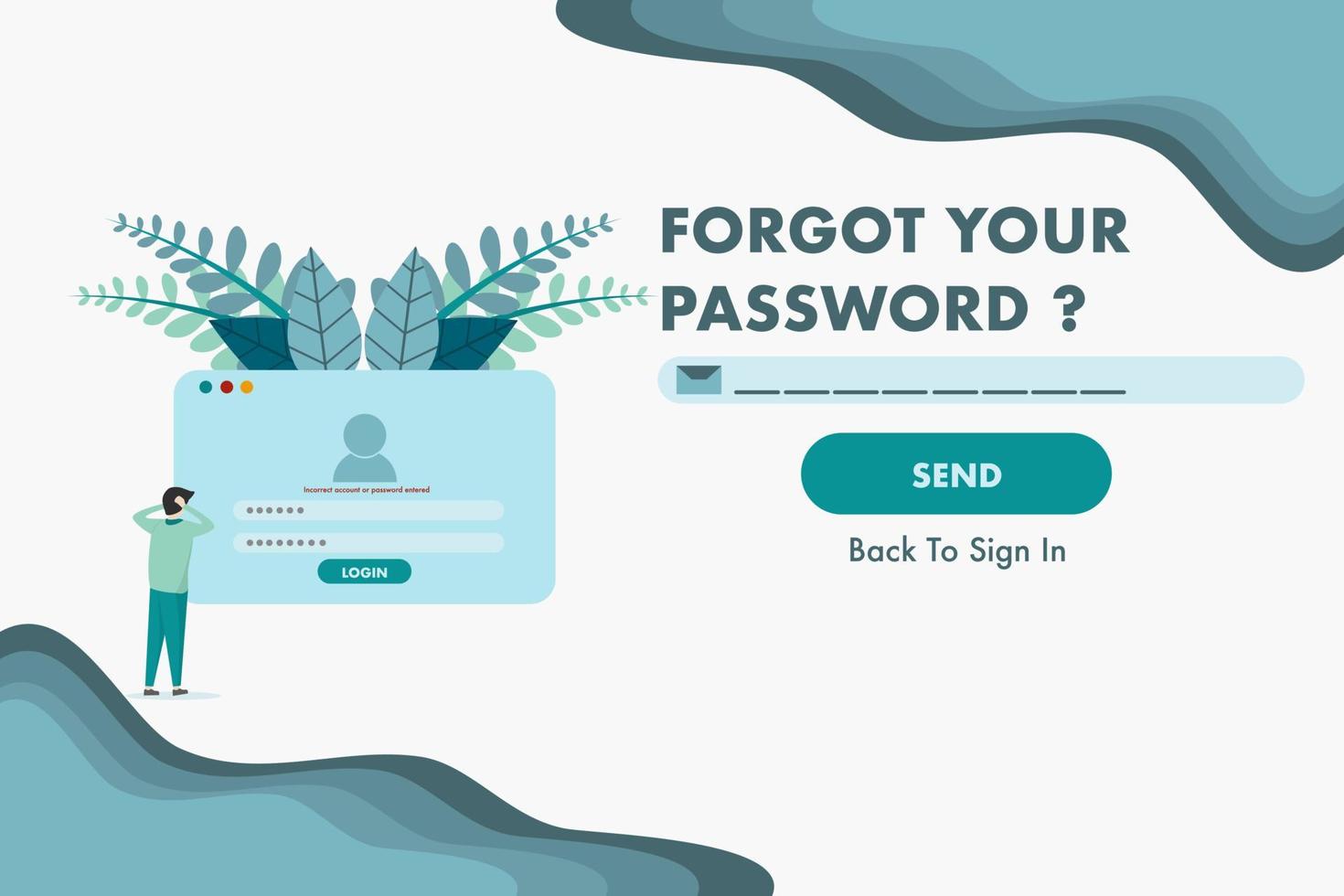 forgot password concept. forgot social media account password. man who forgot his account password. Vector illustration in flat design for web page, landing, web banner