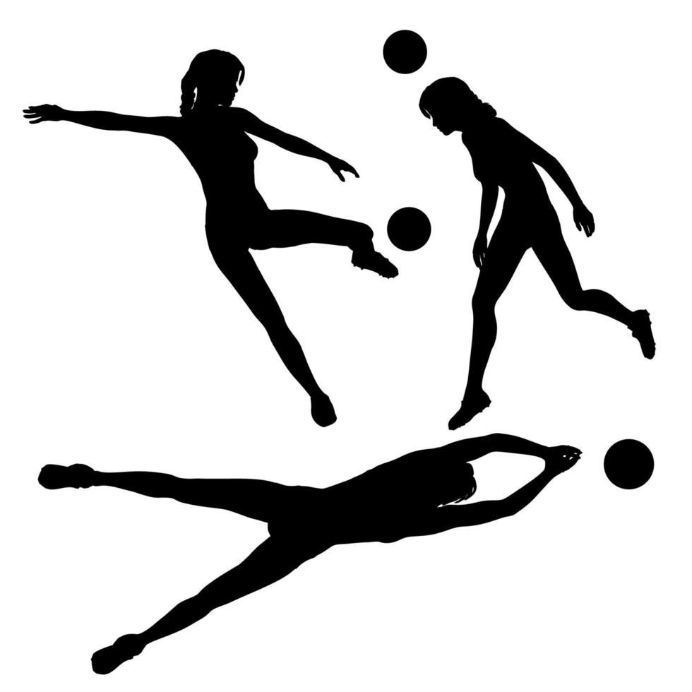 collection of silhouettes of female football or soccer players vector