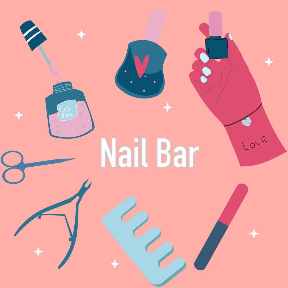 a set of manicure items and logos in a bright cartoon style, scissors, varnish, nail file. Nail and hand care vector