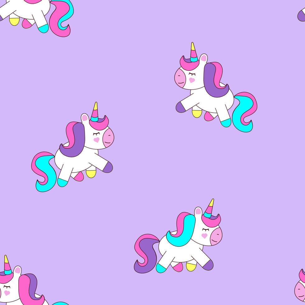 Unicorn seamless pattern. Purple background. Vector design.