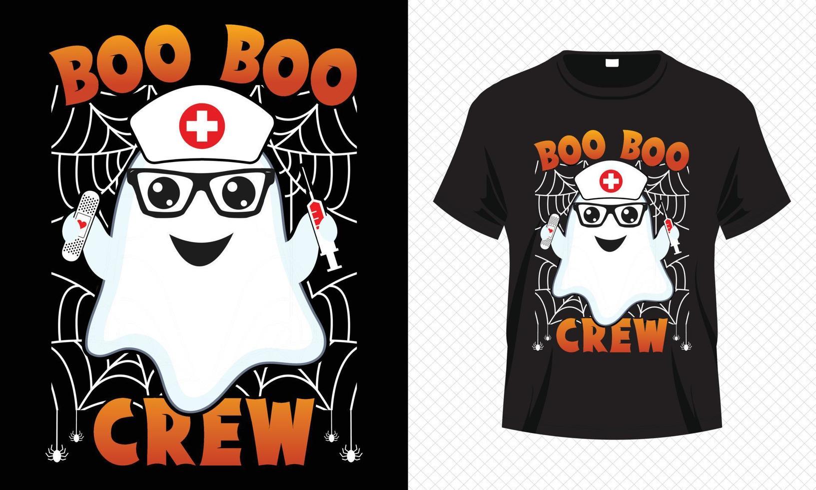boo boo crew - plantilla de vector de diseño de camiseta de halloween feliz. diseño de camiseta de enfermera boo para el día de halloween. diseño vectorial imprimible de halloween de boo, gorro de enfermera, inyección, vendaje y red de araña.