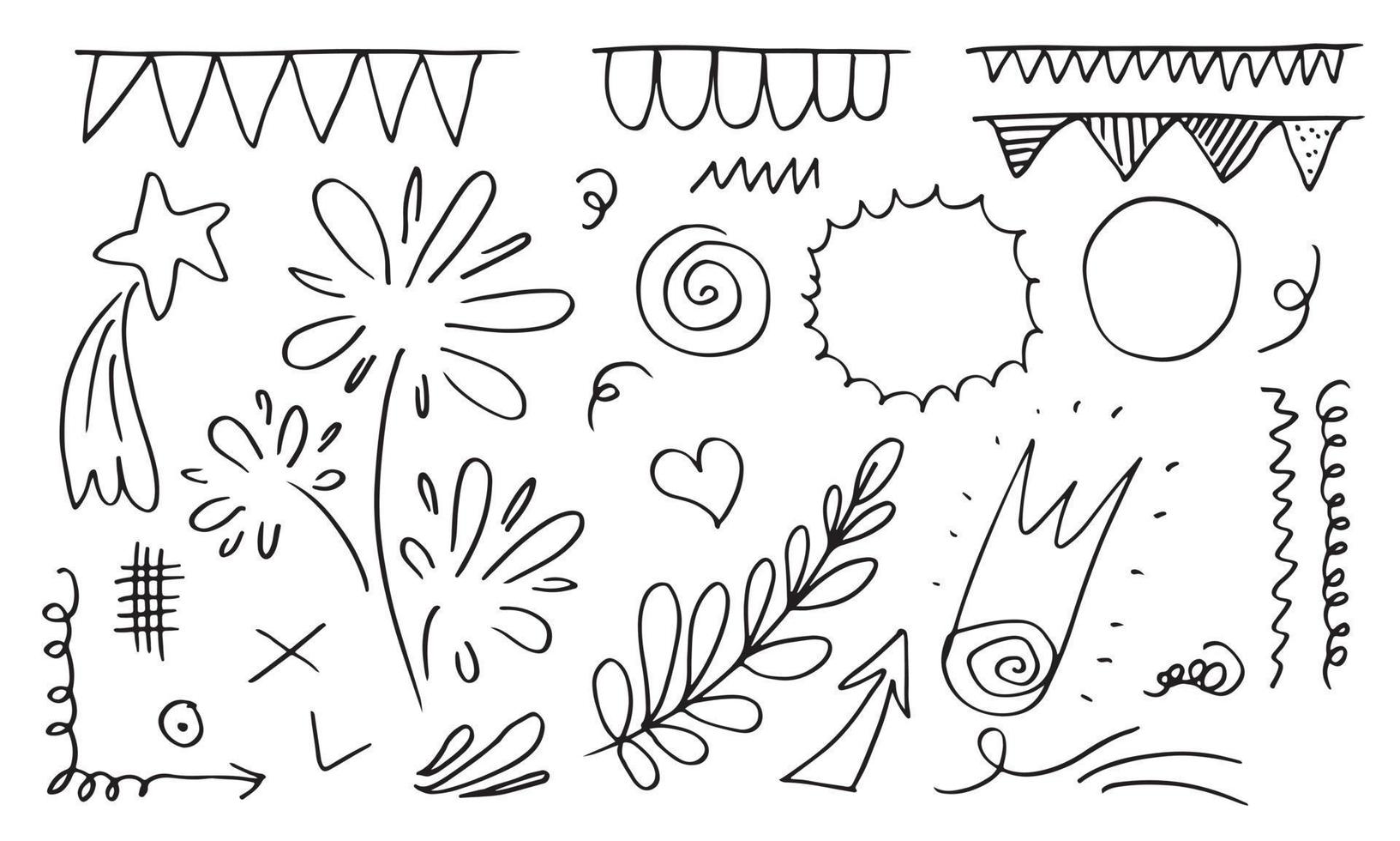 hand drawn set element,black on white background.arrow,leaves,star,speech bubble,heart,light,king,emphasis,swirl,flags,for concept design. vector