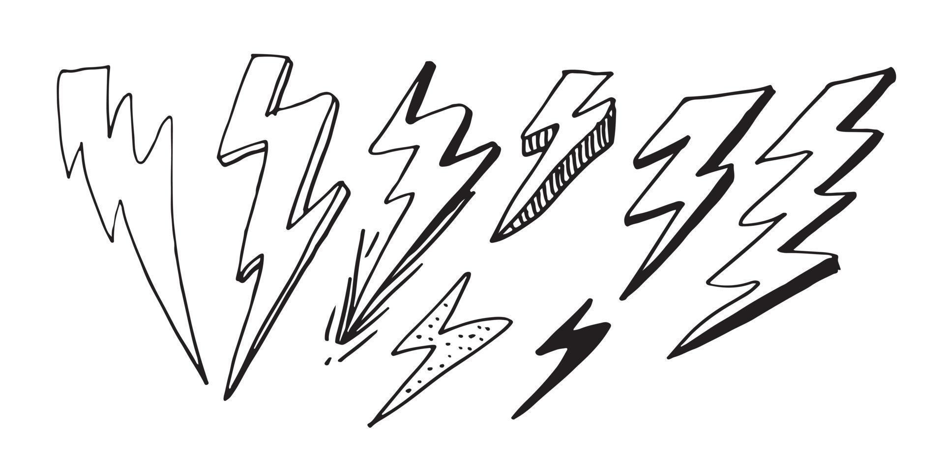set of hand drawn vector doodle electric lightning bolt symbol sketch illustrations. thunder symbol doodle icon .