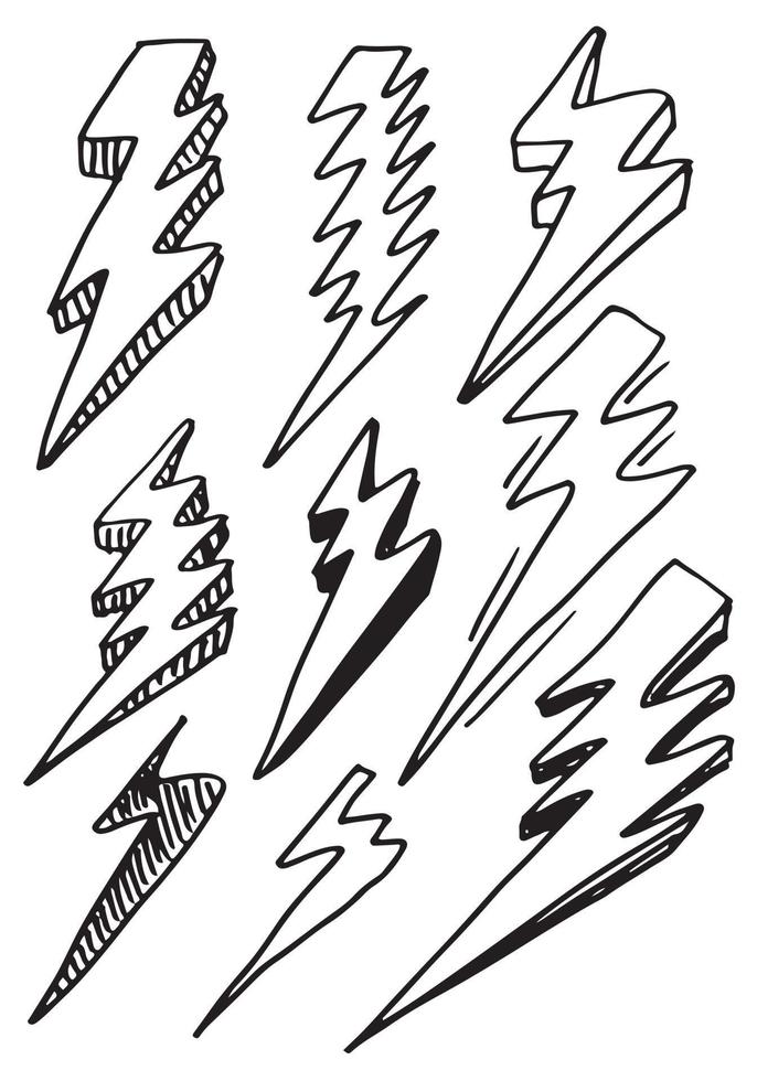 set of hand drawn vector doodle electric lightning bolt symbol sketch illustrations. thunder symbol doodle icon .
