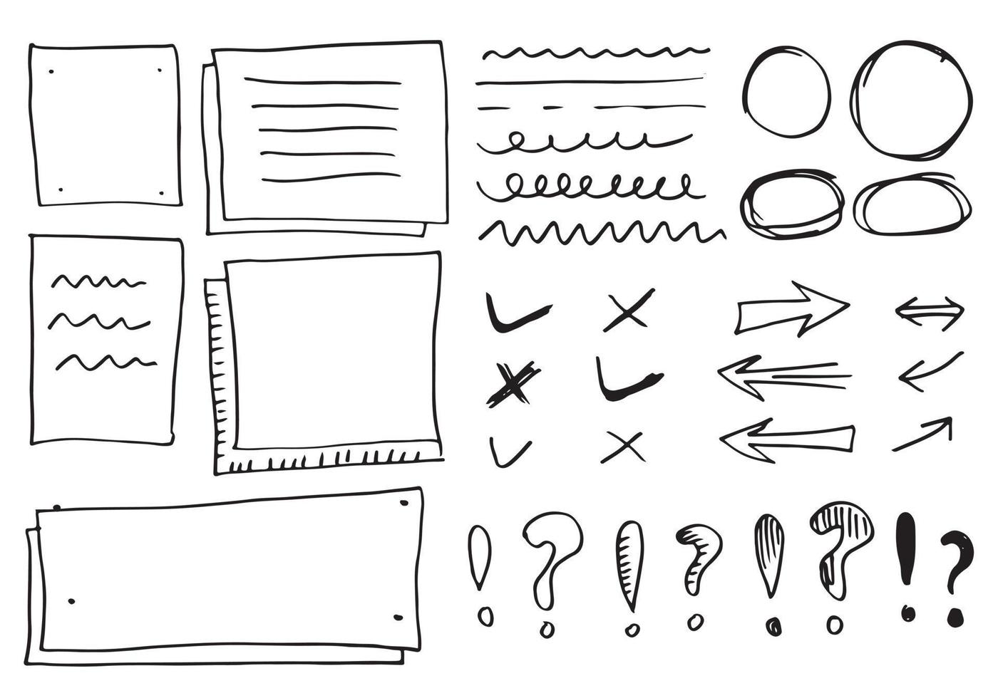 Doodle vector lines and curves.Hand drawn check and arrows signs. Set of simple doodle lines, curves, frames and spots. Collection of pencil effects. Doodle border. Simple doodle set.