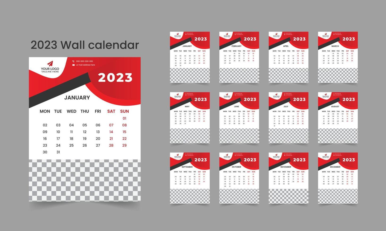 2023 Wall calendar template design  12 page planner week  starts on Monday vector