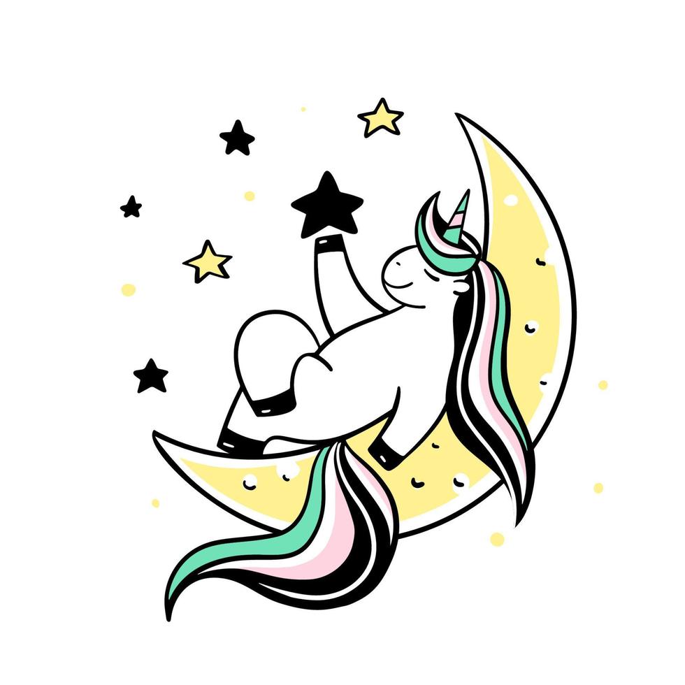 Cartoon unicorn lies on month vector