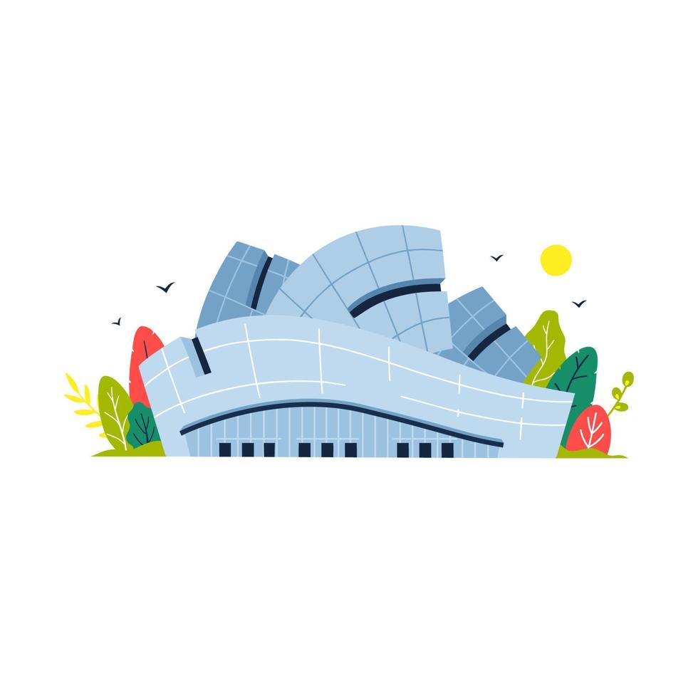 Vector illustration of International Museum Day. The building in the classical style on the background of colorful leaves