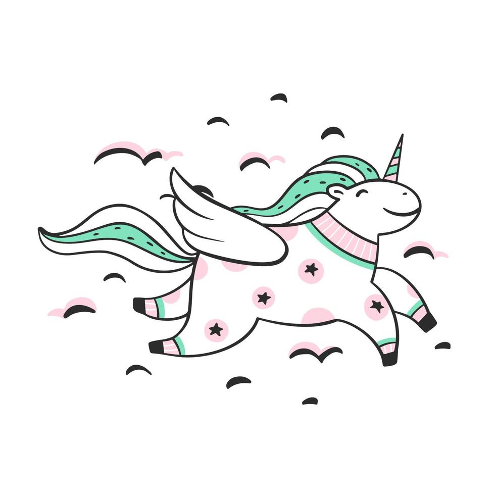 Cartoon unicorn flying in the clouds vector