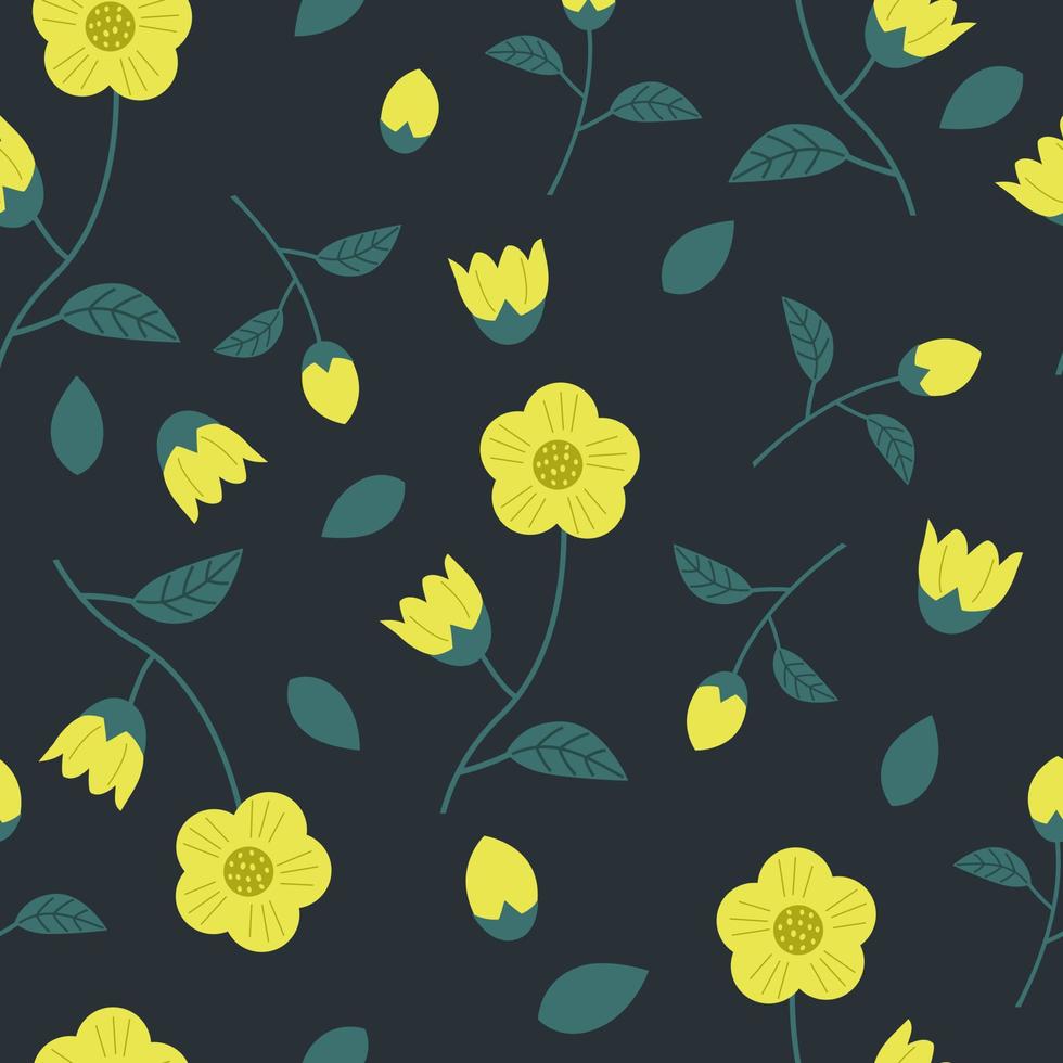 Seamless yellow floral pattern with dark background. Suitable for textile, fabric, wrapping, wallpaper, clothing vector