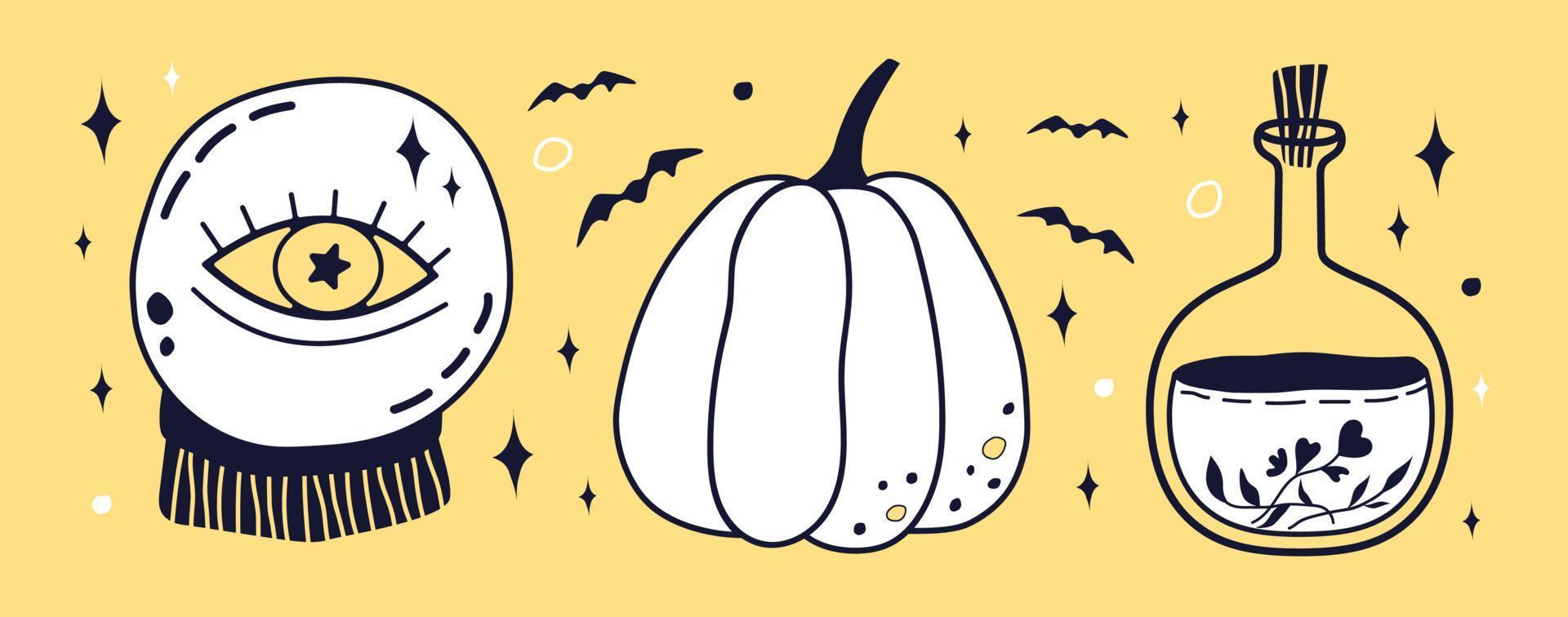 Illustration of pumpkin, potion, and Magic ball. Witchcraft and Magic mood. Halloween wizardry. vector