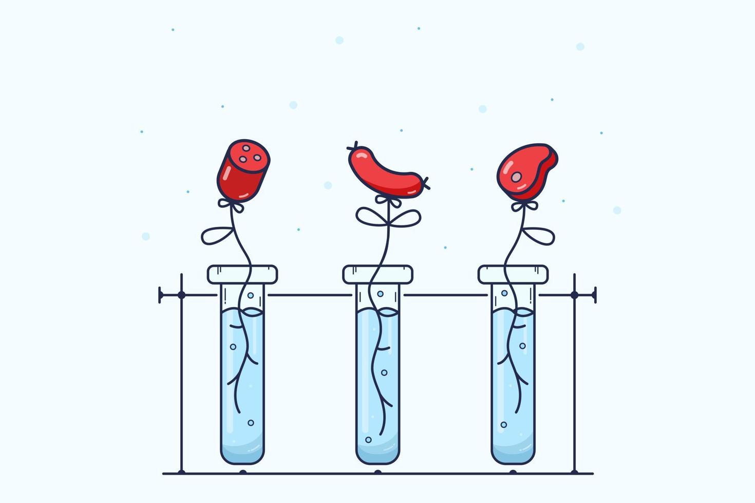 Concept on theme of fake meat grown in laboratory. Three test flask with blue liquid and growing sausage, hot dog and steak. With concern for the environment. vector