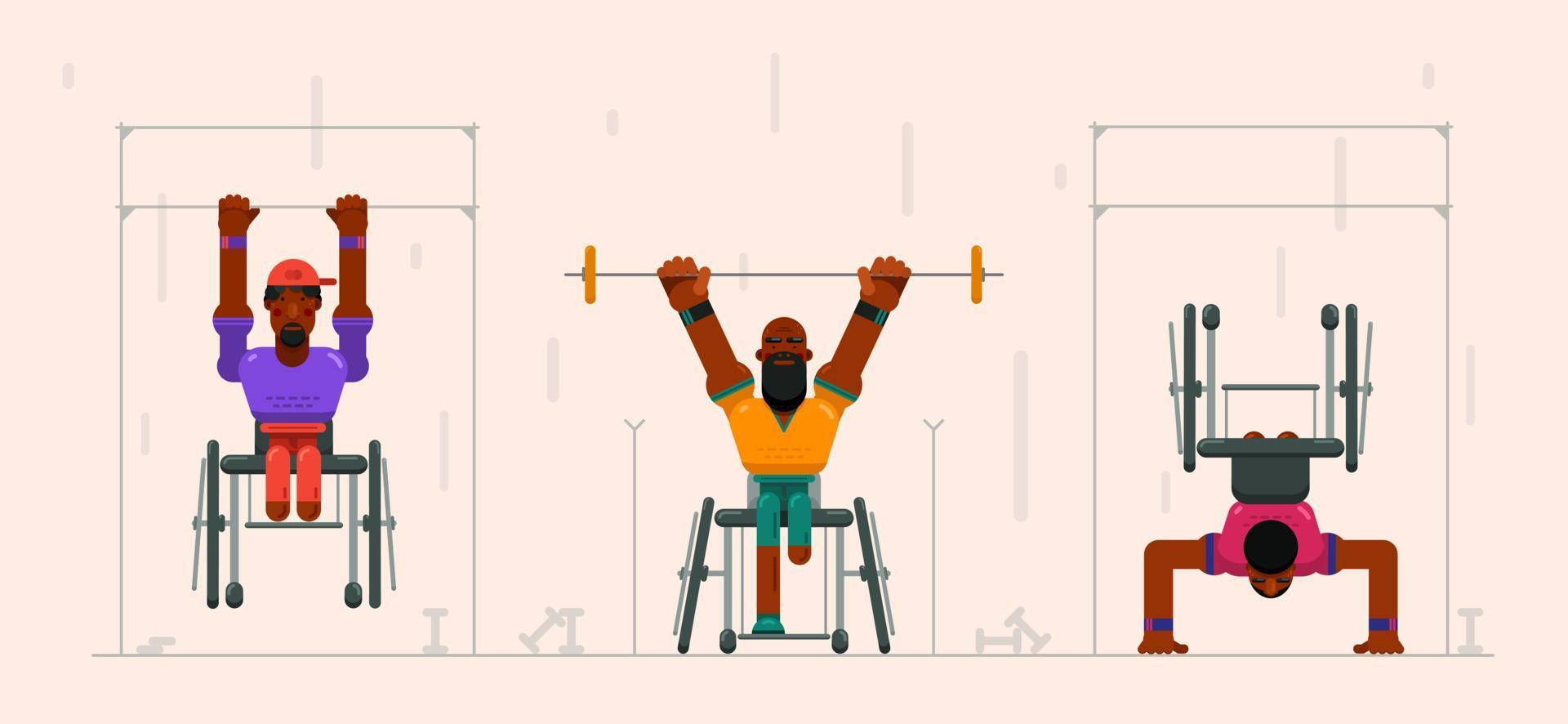 Three African-American guys with disabilities do sport. Vector illustration made of simple forms.