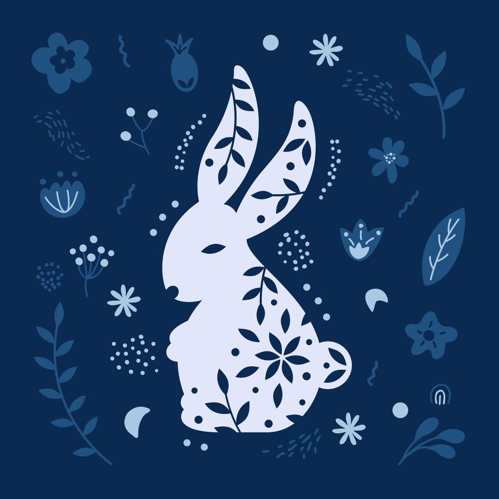 Cute Easter bunny surrounded by spring flowers and twigs. Monochrome blue composition. Happy holiday concept. vector