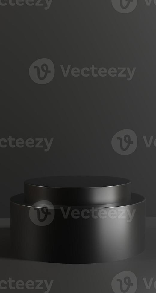 3D render of Cylinder podium with Black color on dark background.platform for product presentation minimal style. empty dark. Black pedestal for product showcase. photo