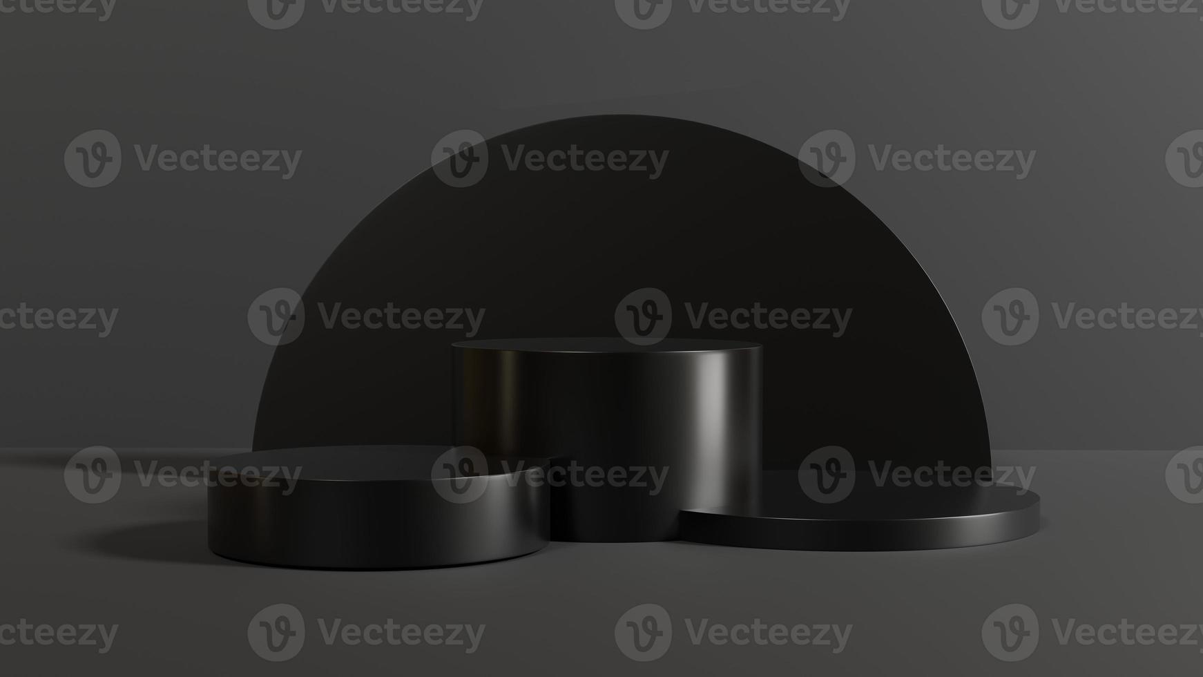 3D render of Cylinder podium with Black color on dark background.platform for product presentation minimal style. empty dark. Black pedestal for product showcase. photo